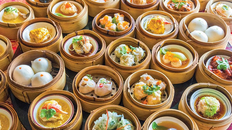 Close up dim sum chinese food in bamboo basket